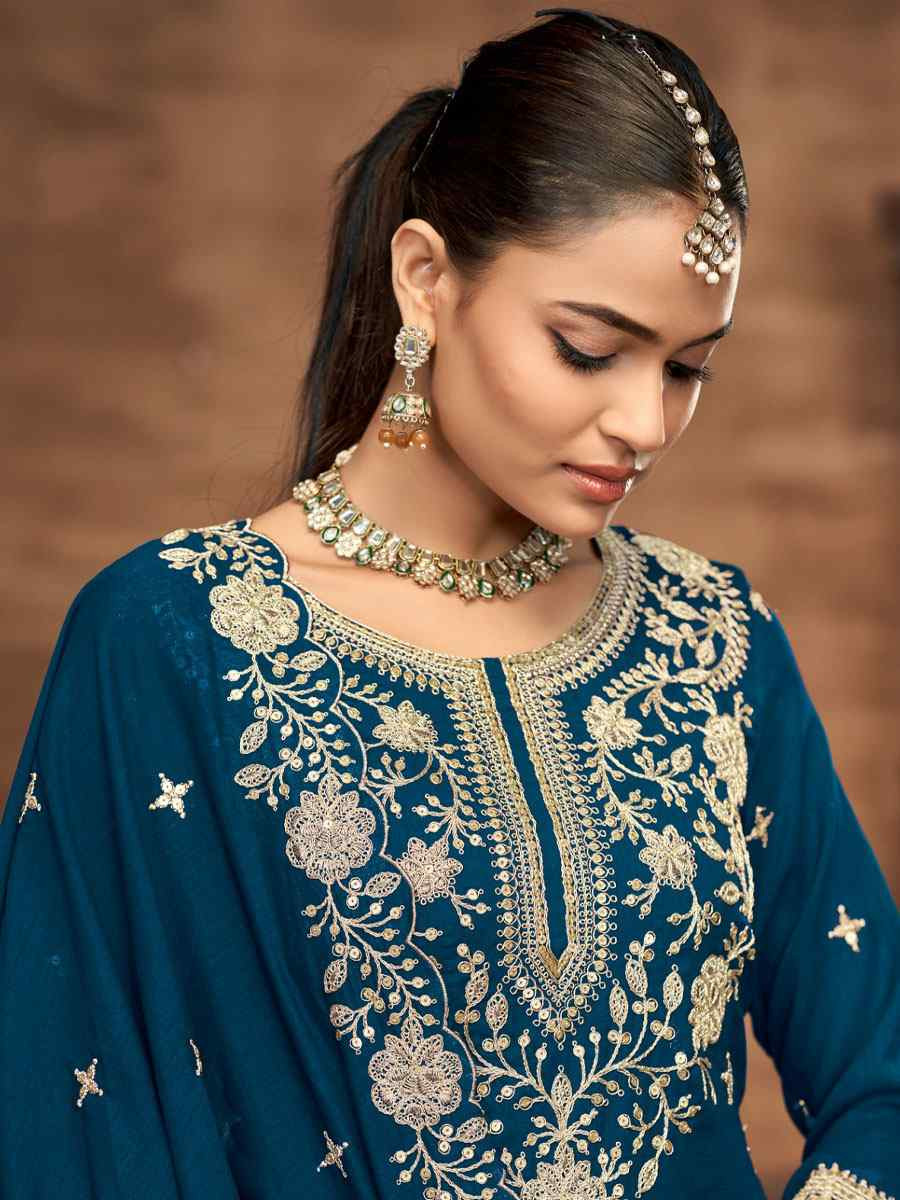 Teal Vichitra Silk Embroidered Wedding Reception Festival Casual Ready Kurti Lehenga Choli