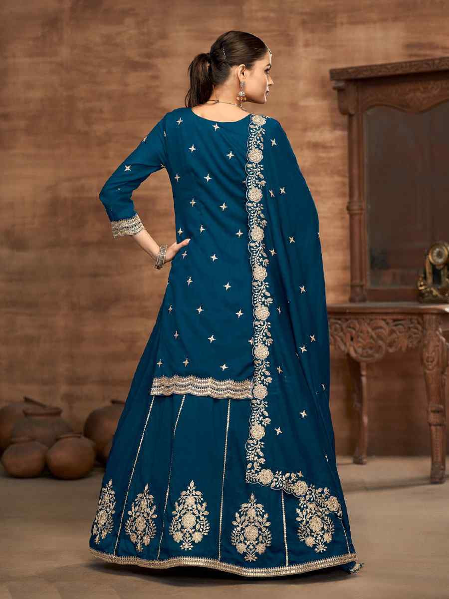 Teal Vichitra Silk Embroidered Wedding Reception Festival Casual Ready Kurti Lehenga Choli