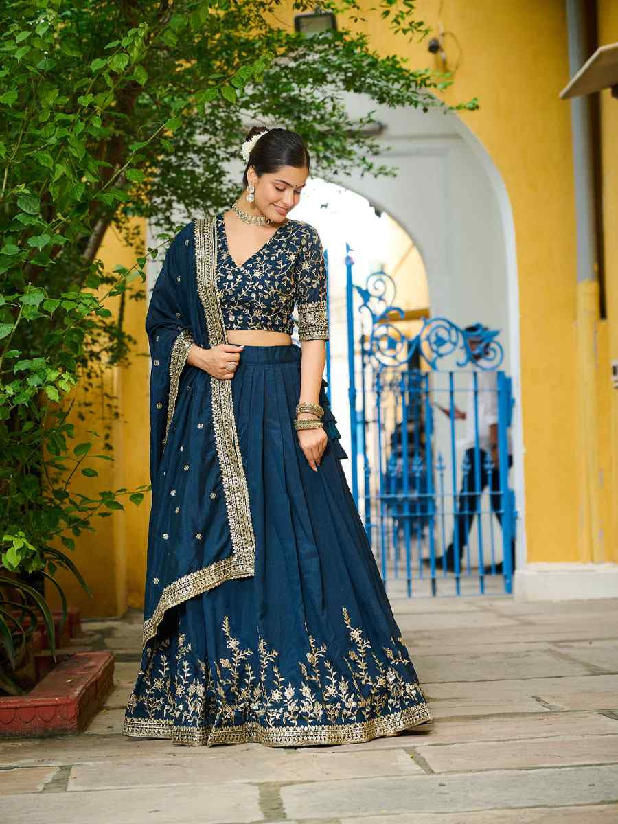 Teal Vichitra Silk Embroidered Wedding Reception Festival Heavy Border Lehenga Choli