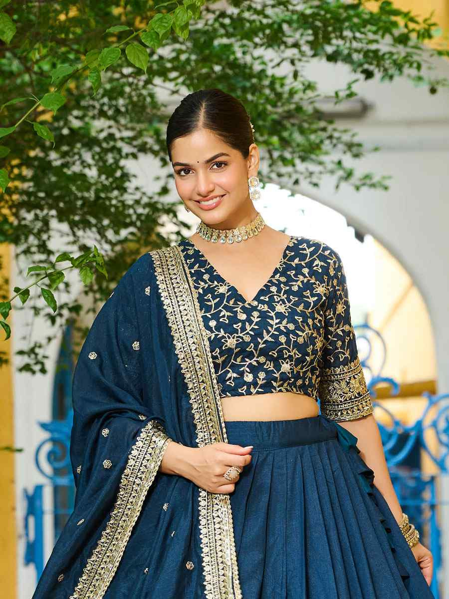 Teal Vichitra Silk Embroidered Wedding Reception Festival Heavy Border Lehenga Choli