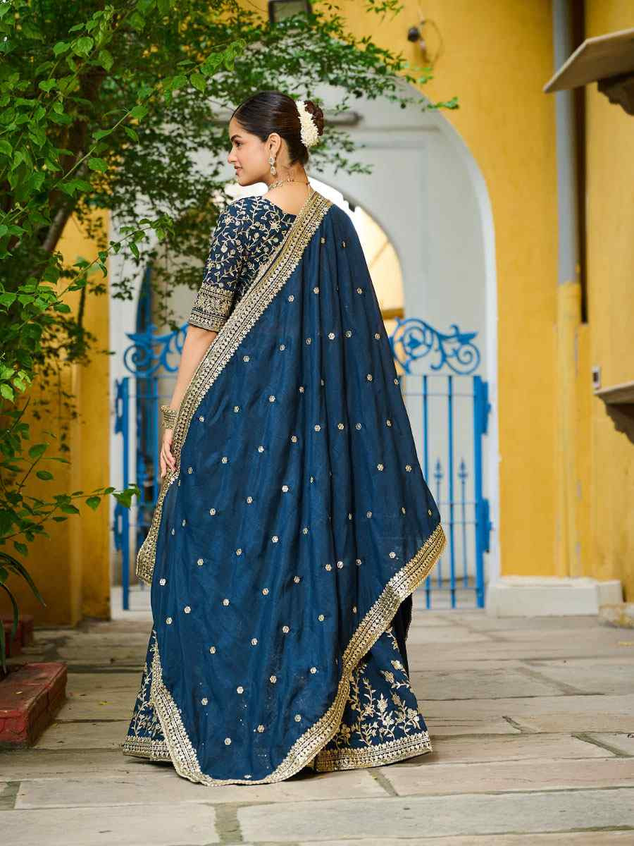 Teal Vichitra Silk Embroidered Wedding Reception Festival Heavy Border Lehenga Choli