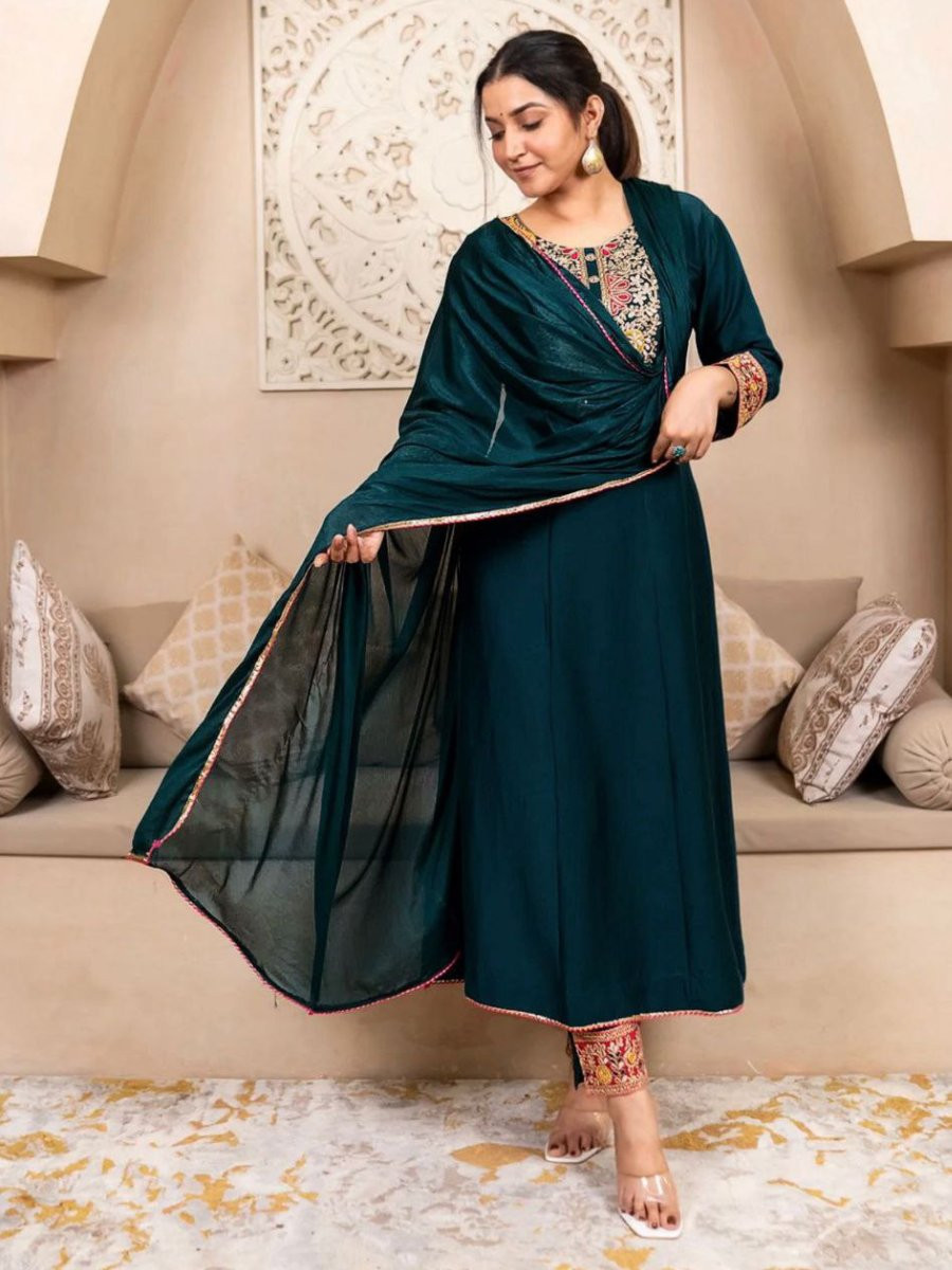 Teal Vichitra Silk Embroidery Sequins Wedding Party Festival Casual Ready Pant Salwar Kameez
