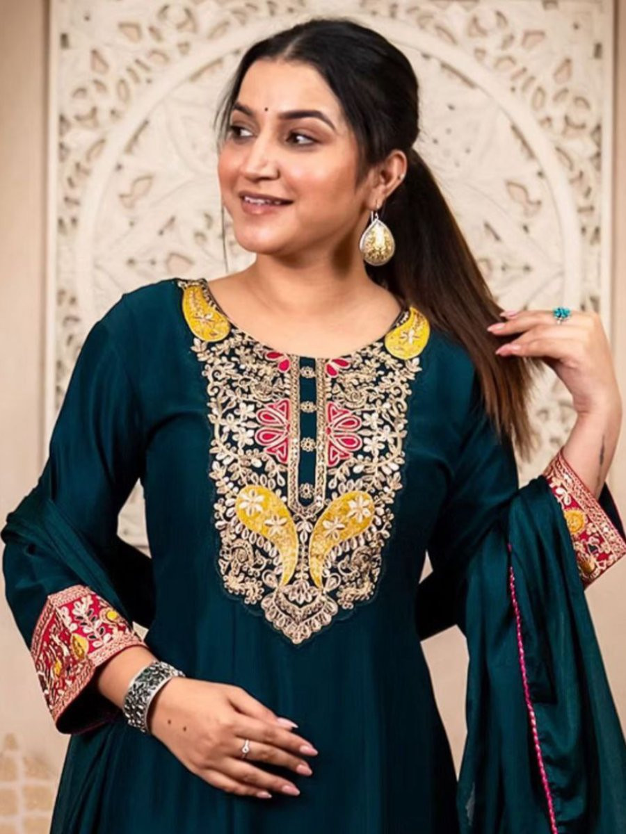 Teal Vichitra Silk Embroidery Sequins Wedding Party Festival Casual Ready Pant Salwar Kameez
