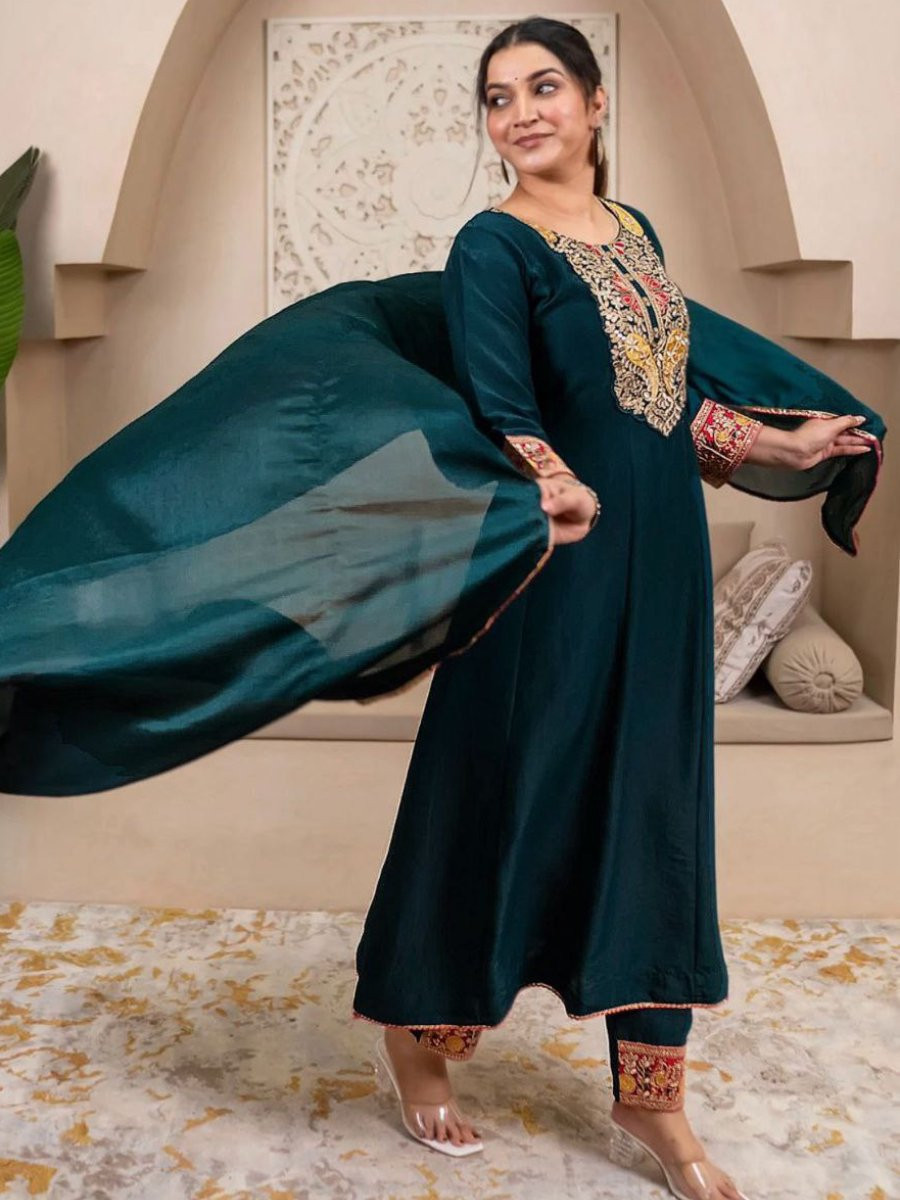 Teal Vichitra Silk Embroidery Sequins Wedding Party Festival Casual Ready Pant Salwar Kameez