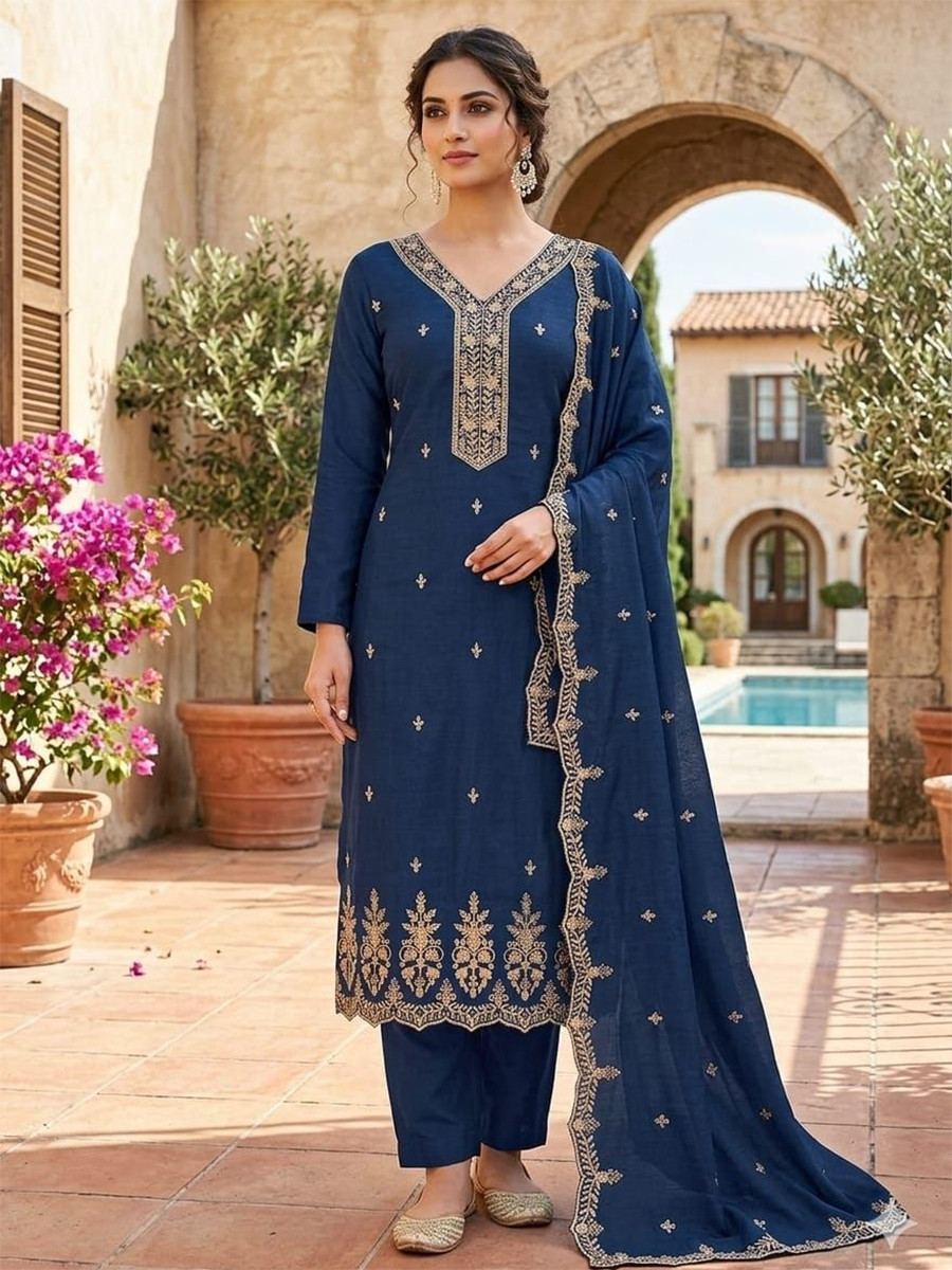 Teal Vichitra Silk Embroidery Wedding Party Festival Casual Pant Salwar Kameez