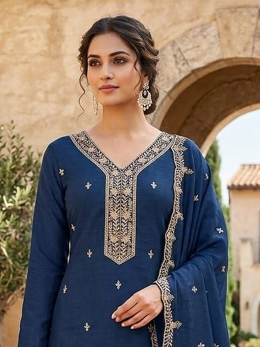 Teal Vichitra Silk Embroidery Wedding Party Festival Casual Pant Salwar Kameez