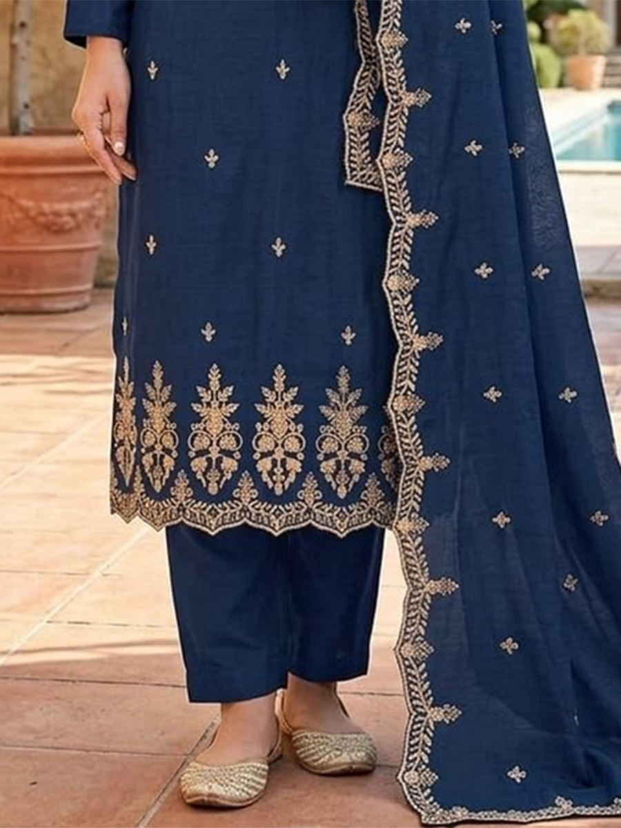 Teal Vichitra Silk Embroidery Wedding Party Festival Casual Pant Salwar Kameez