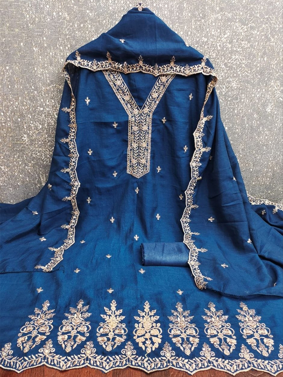 Teal Vichitra Silk Embroidery Wedding Party Festival Casual Pant Salwar Kameez