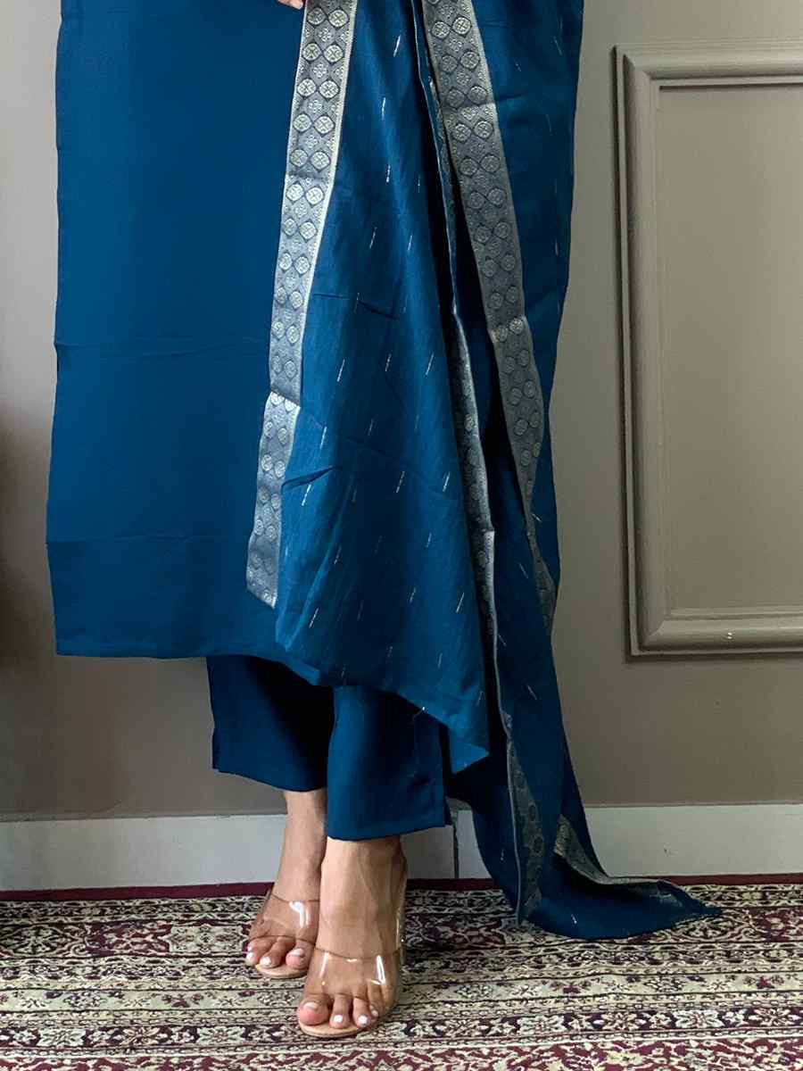 Teal Viscose Chanderi Embroidered Festival Casual Ready Pant Salwar Kameez