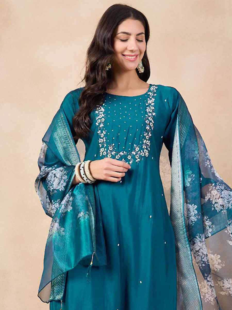 Teal Viscose Chanderi Embroidered Party Casual Ready Pant Salwar Kameez