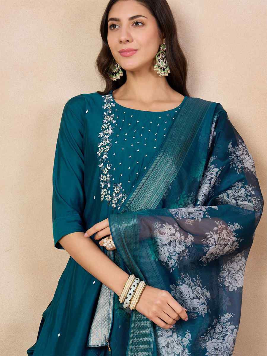 Teal Viscose Chanderi Embroidered Party Casual Ready Pant Salwar Kameez