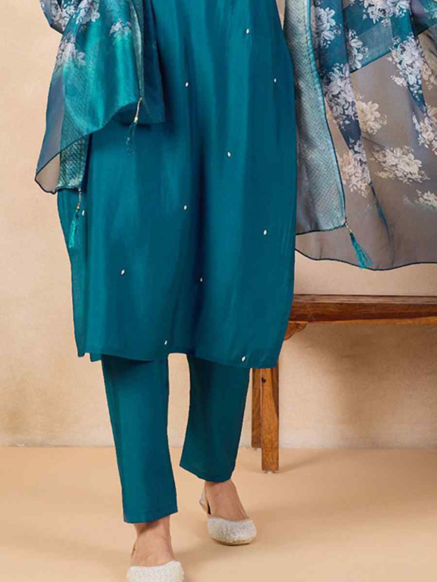 Teal Viscose Chanderi Embroidered Party Casual Ready Pant Salwar Kameez