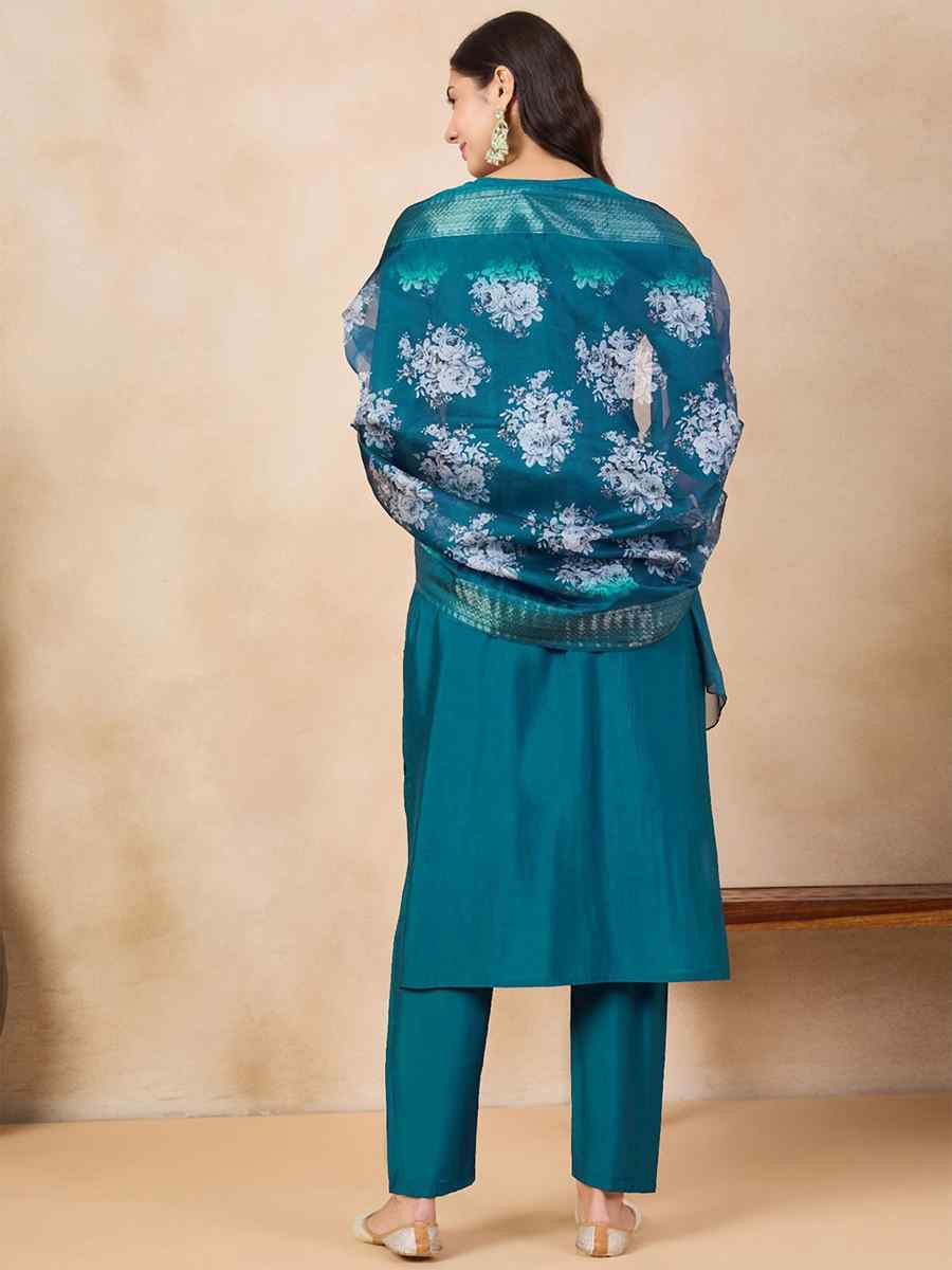 Teal Viscose Chanderi Embroidered Party Casual Ready Pant Salwar Kameez