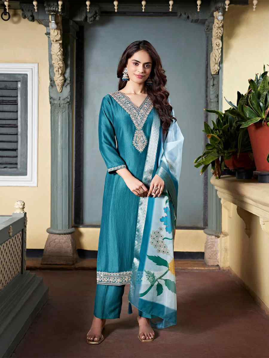 Teal Viscose Chanderi Embroidered Party Wedding Ready pant Salwar Kameez