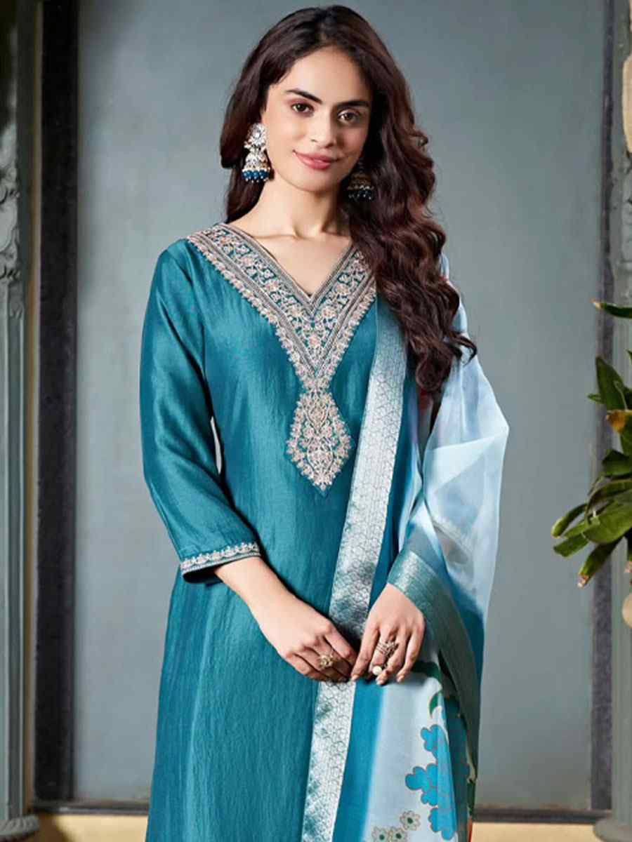 Teal Viscose Chanderi Embroidered Party Wedding Ready pant Salwar Kameez