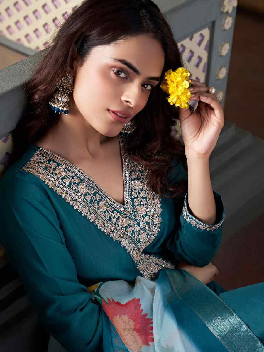 Teal Viscose Chanderi Embroidered Party Wedding Ready pant Salwar Kameez