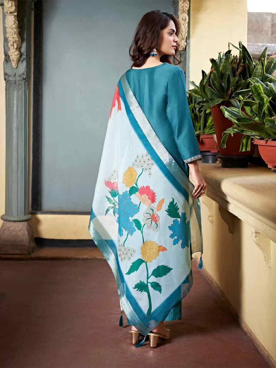 Teal Viscose Chanderi Embroidered Party Wedding Ready pant Salwar Kameez