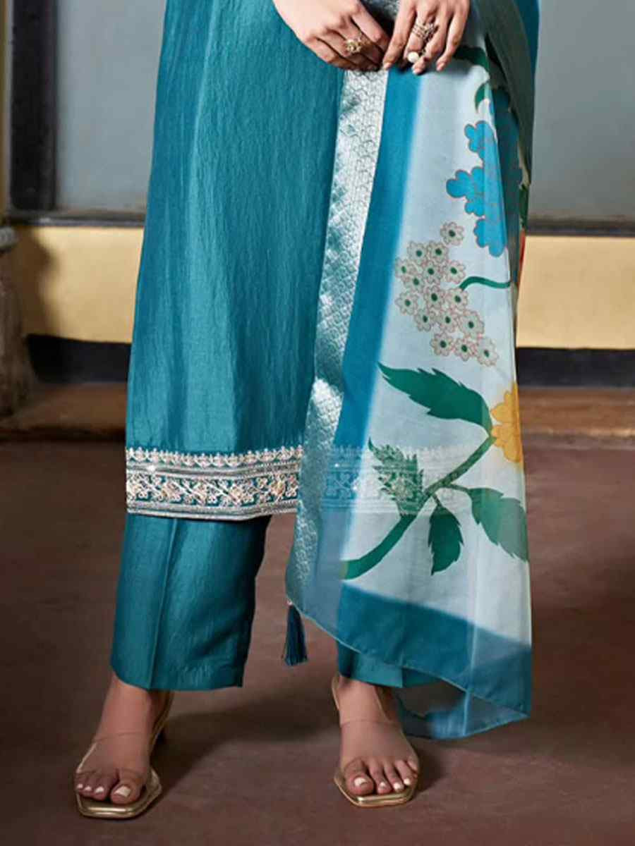 Teal Viscose Chanderi Embroidered Party Wedding Ready pant Salwar Kameez