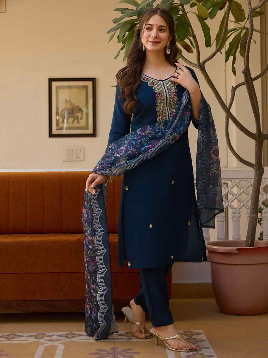 Teal Viscose Chanderi Embroidered Party Wedding Ready Pant Salwar Kameez