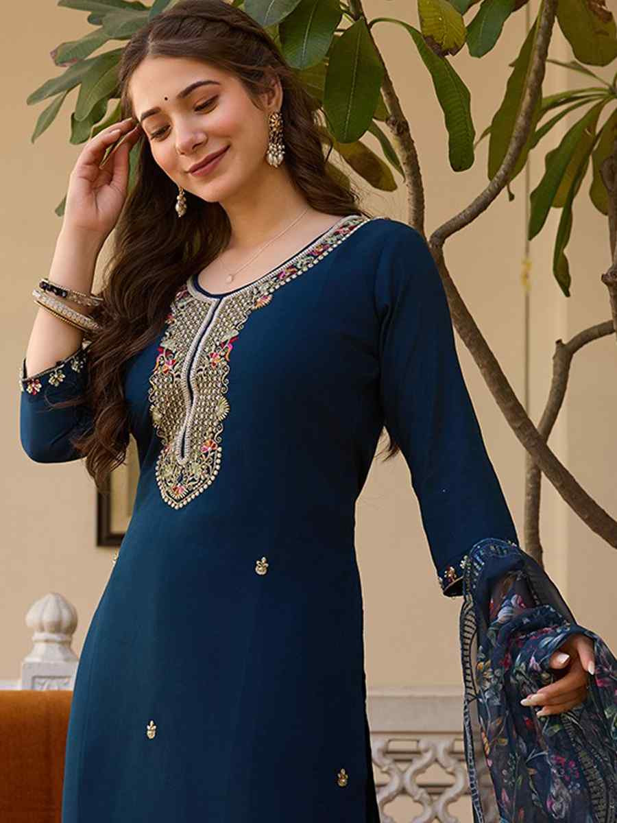 Teal Viscose Chanderi Embroidered Party Wedding Ready Pant Salwar Kameez