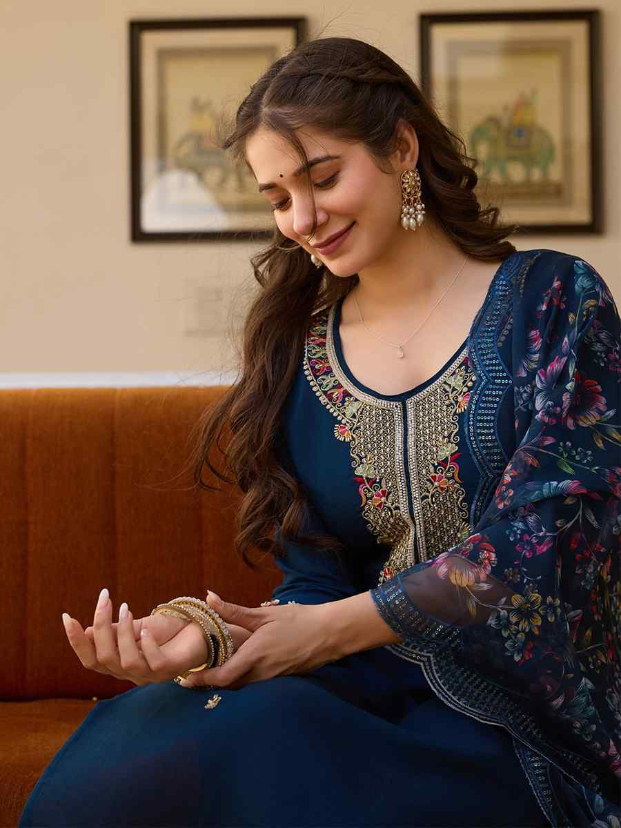 Teal Viscose Chanderi Embroidered Party Wedding Ready Pant Salwar Kameez