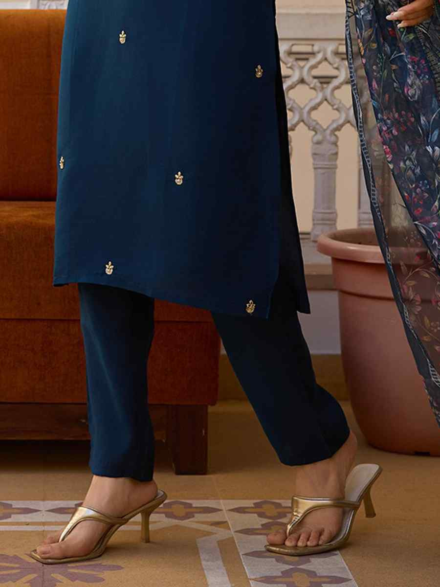 Teal Viscose Chanderi Embroidered Party Wedding Ready Pant Salwar Kameez