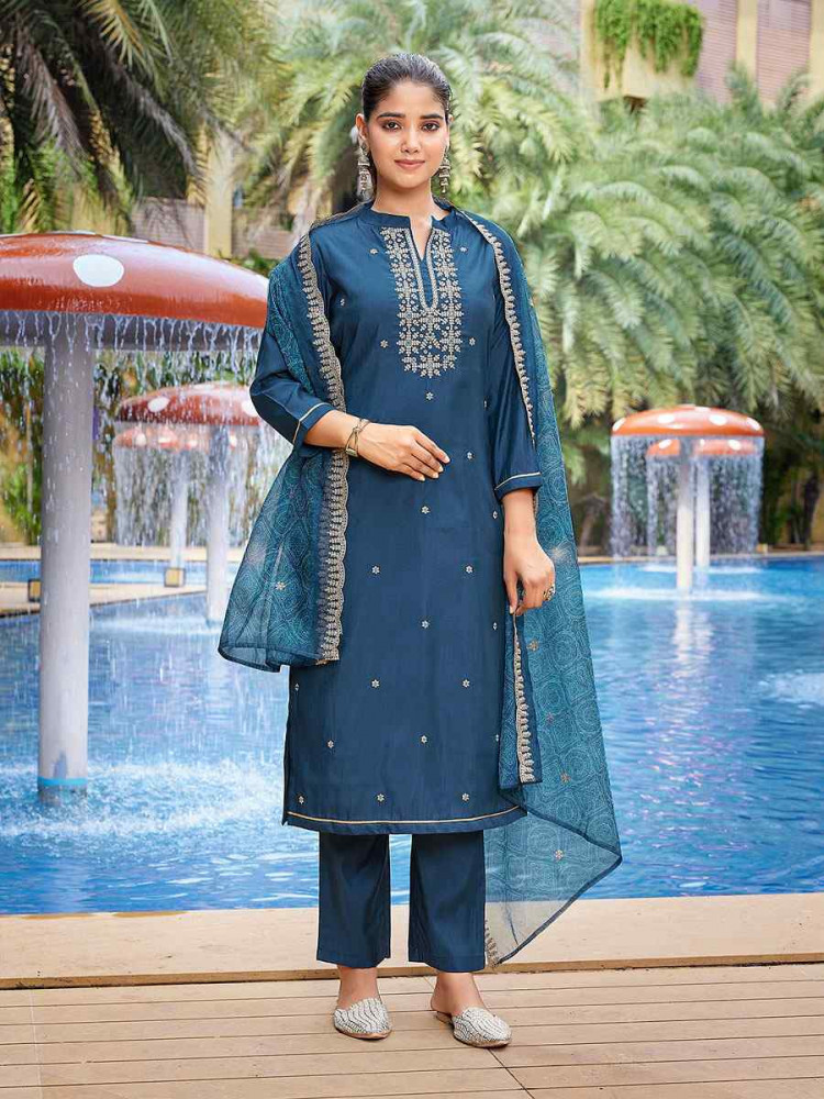 Image of Teal Viscose Chanderi Embroidery Party Wedding Festival Casual Ready Pant Salwar Kameez