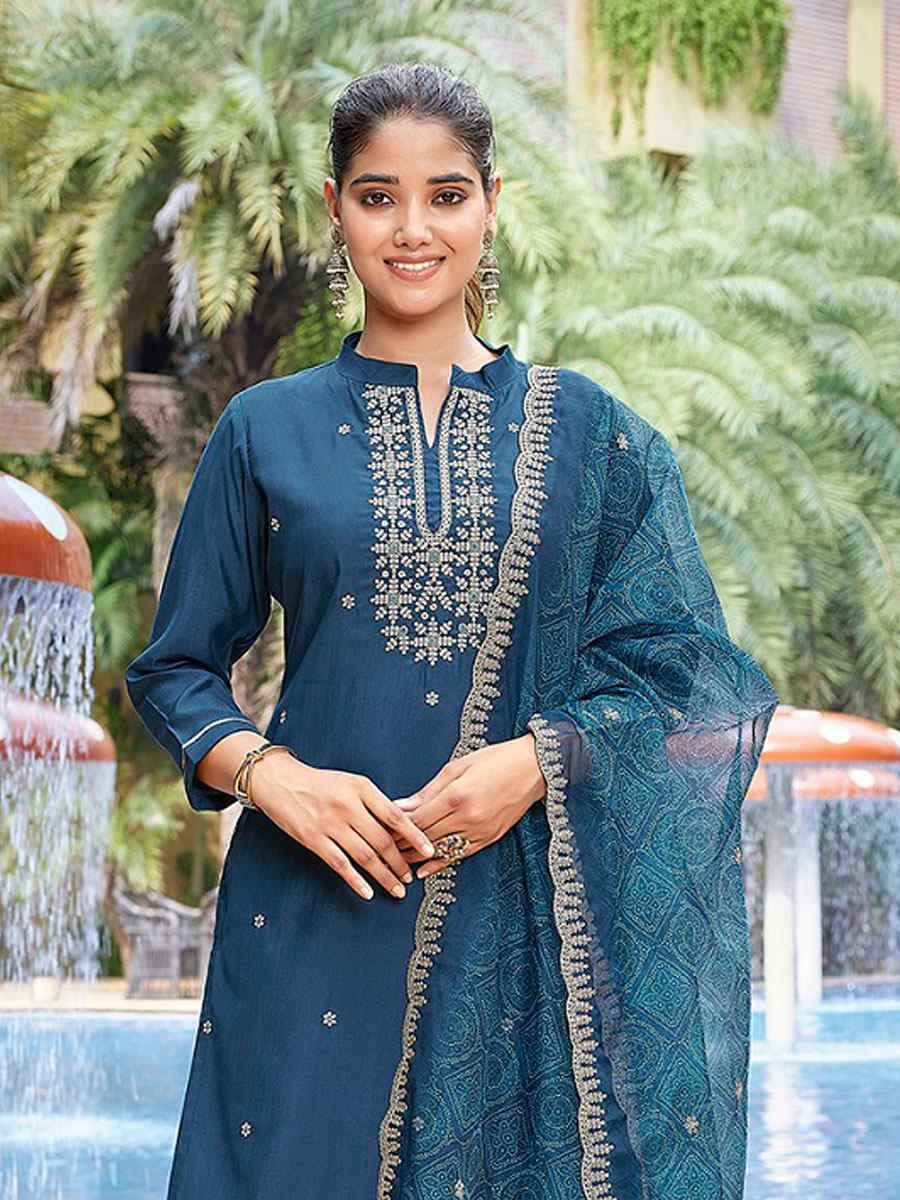 Teal Viscose Chanderi Embroidery Party Wedding Festival Casual Ready Pant Salwar Kameez