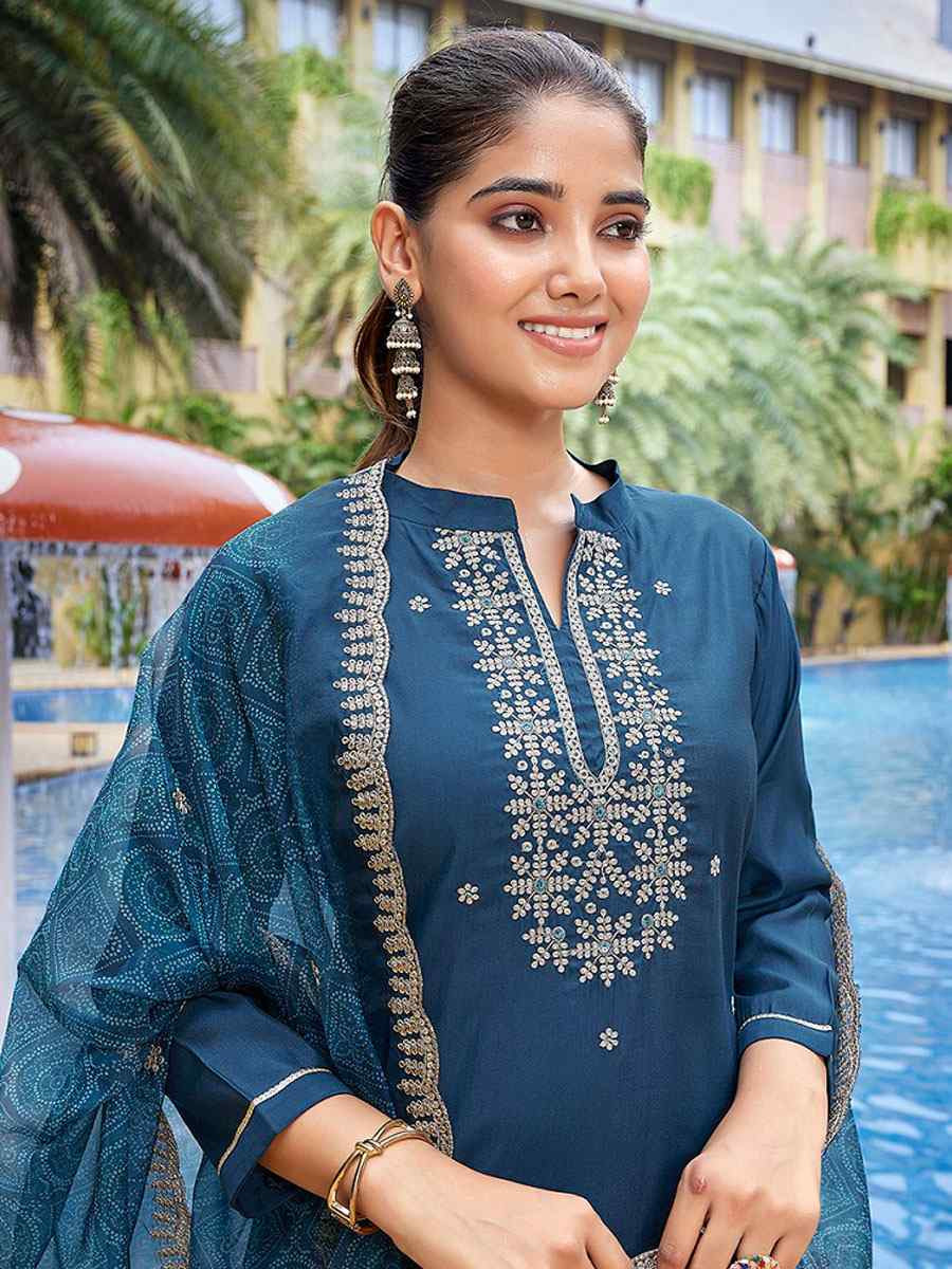 Teal Viscose Chanderi Embroidery Party Wedding Festival Casual Ready Pant Salwar Kameez