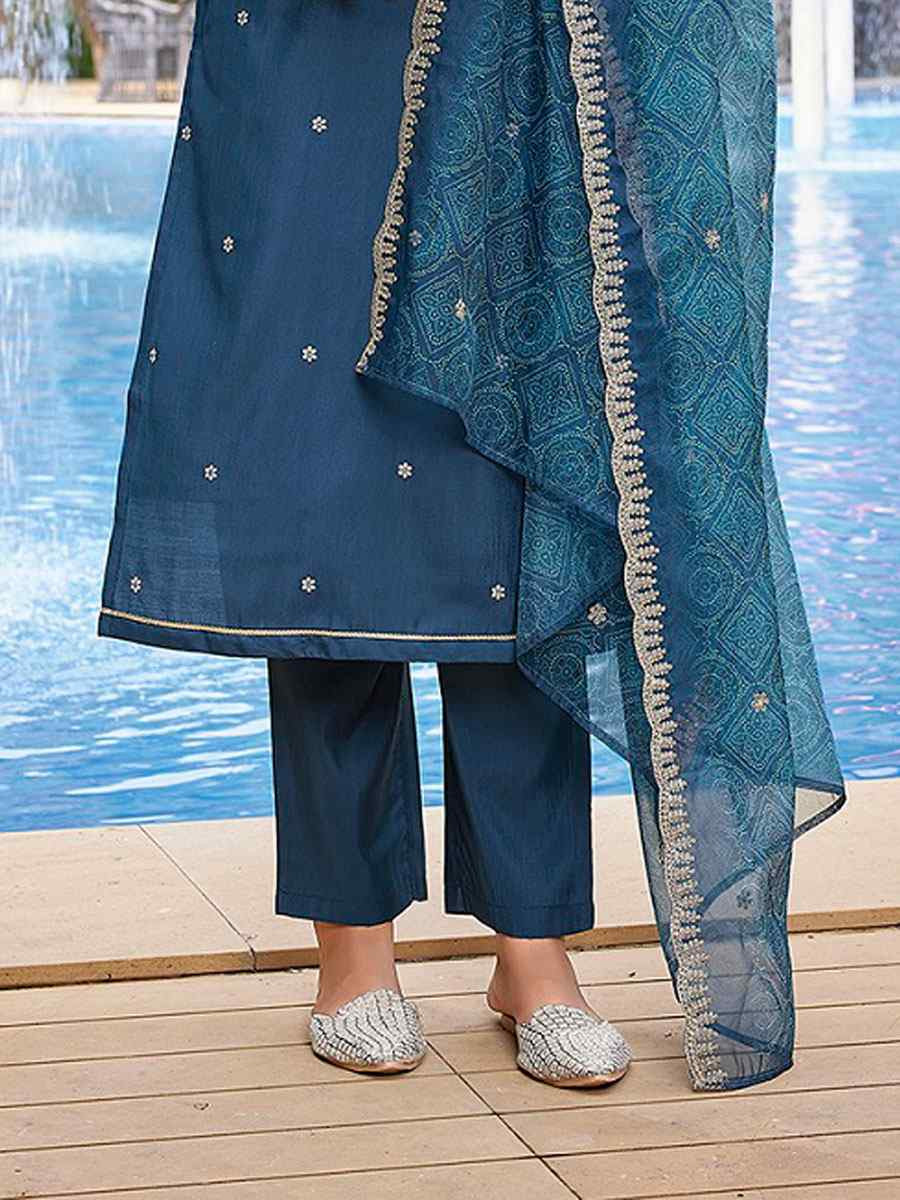 Teal Viscose Chanderi Embroidery Party Wedding Festival Casual Ready Pant Salwar Kameez