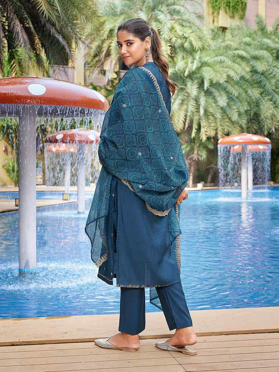 Teal Viscose Chanderi Embroidery Party Wedding Festival Casual Ready Pant Salwar Kameez