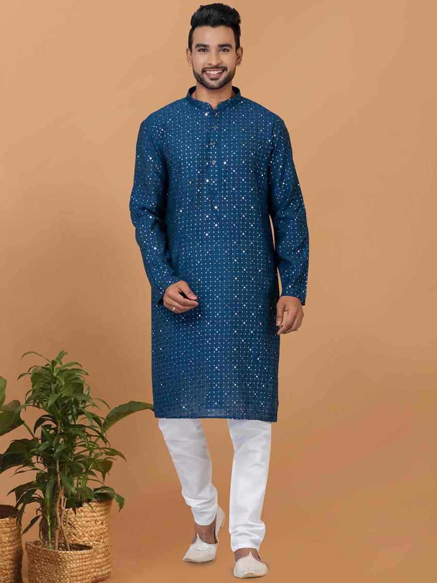 Teal Viscose Cotton Embroidered Festival Wedding Kurta