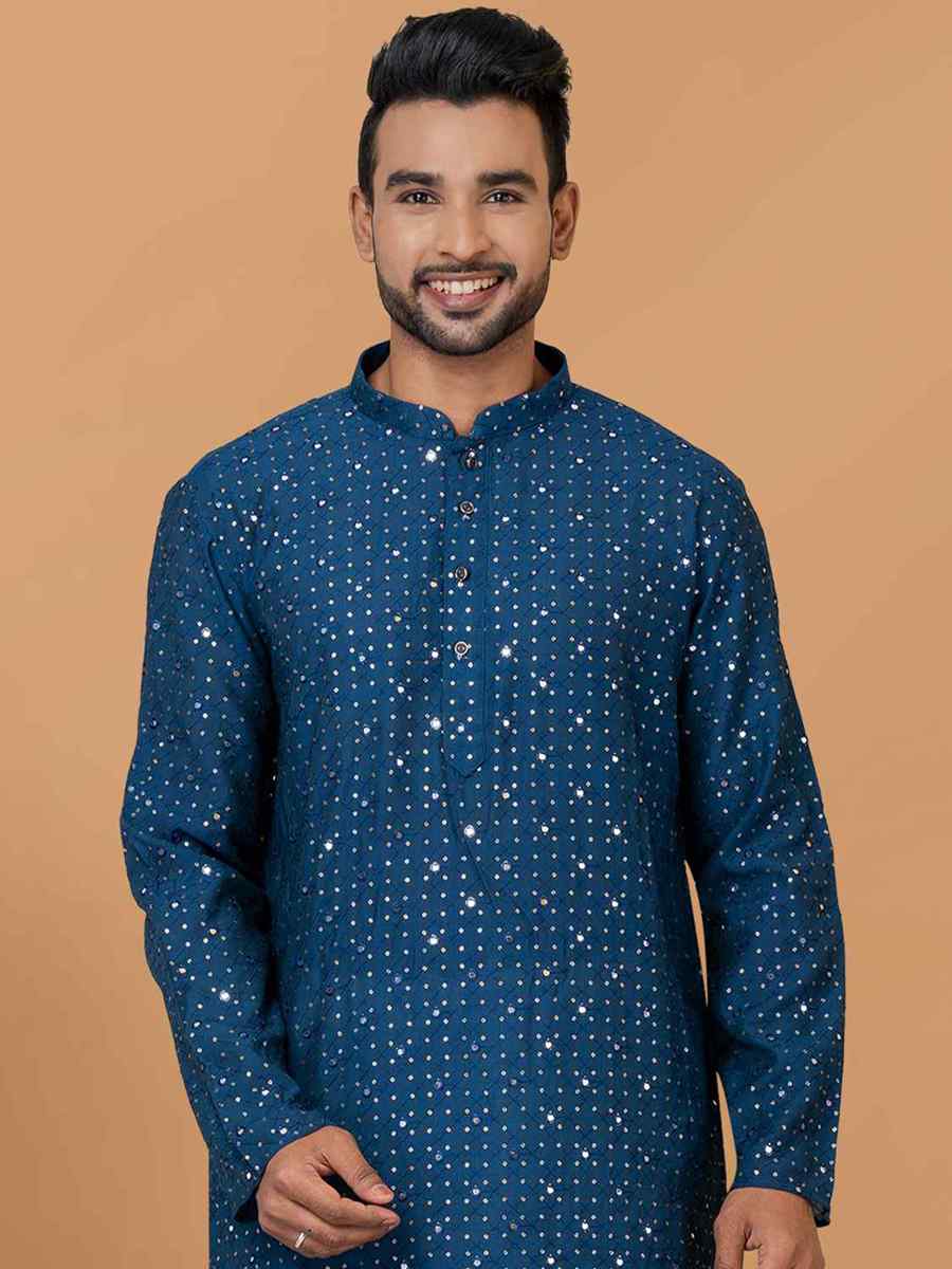 Teal Viscose Cotton Embroidered Festival Wedding Kurta