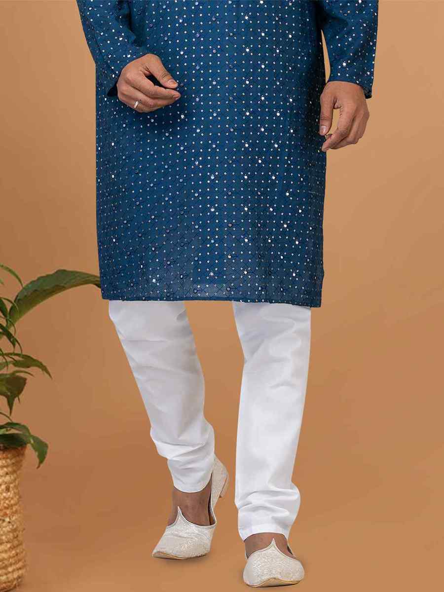 Teal Viscose Cotton Embroidered Festival Wedding Kurta