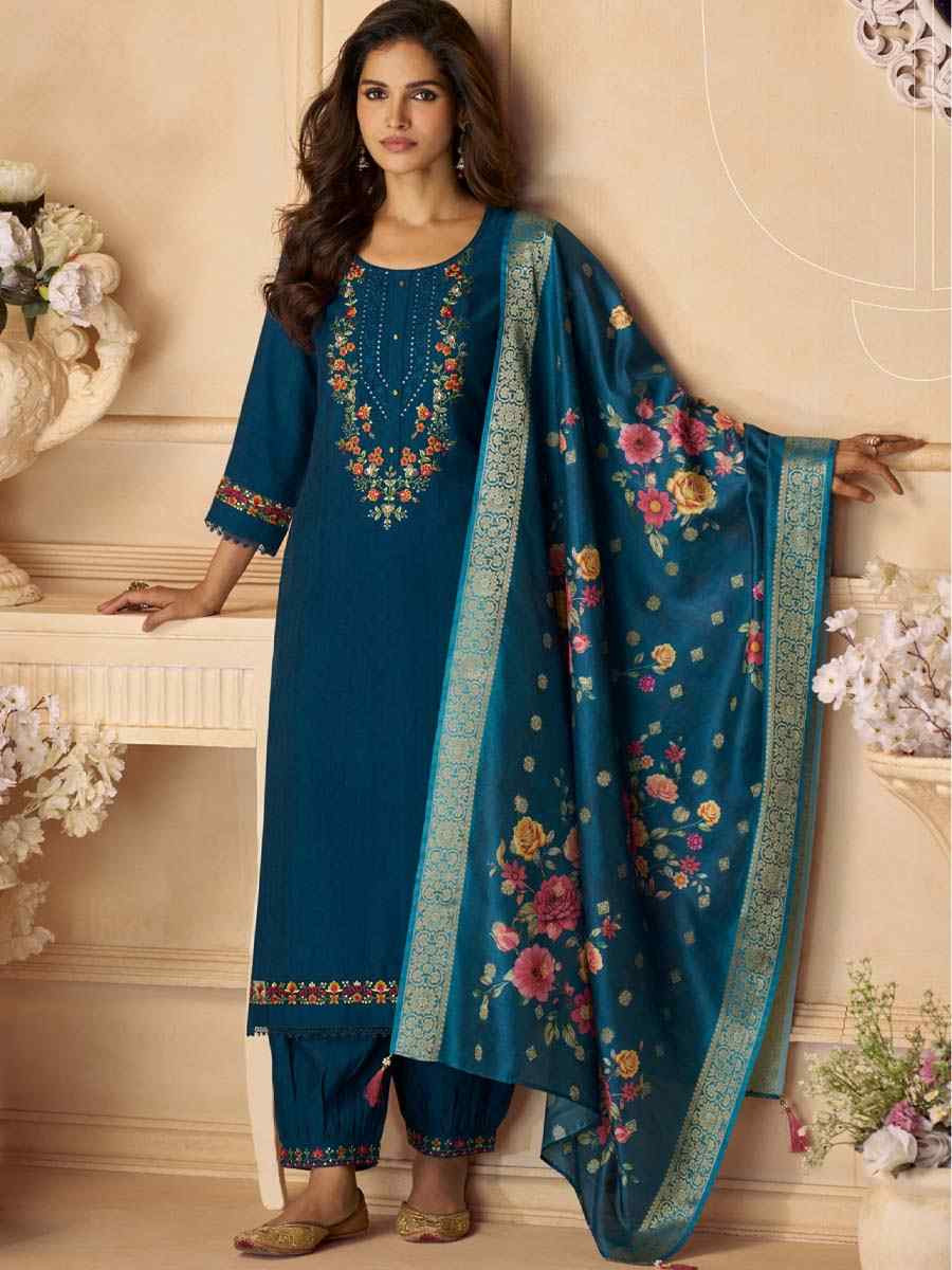 Teal Viscose Embroidered Festival Mehendi Ready Afghani Pant Salwar Kameez