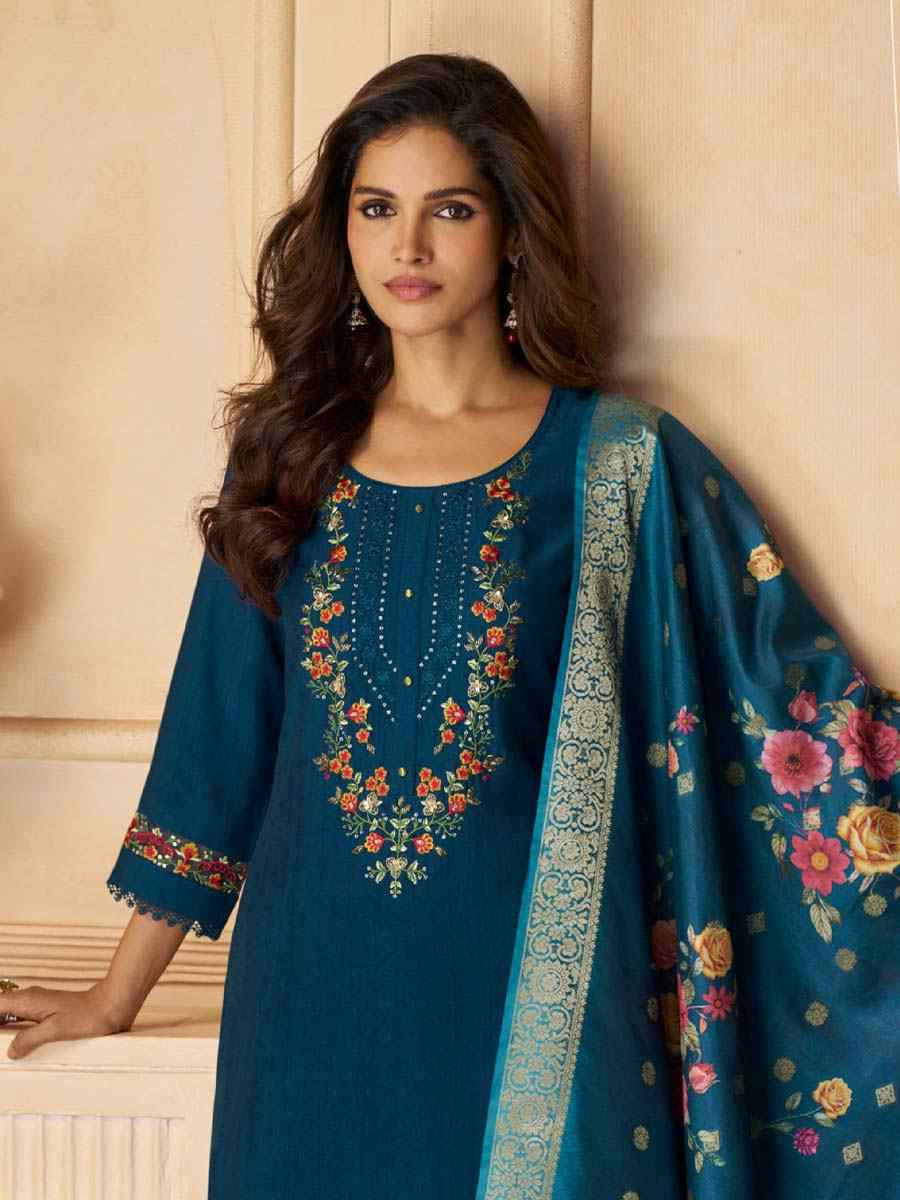 Teal Viscose Embroidered Festival Mehendi Ready Afghani Pant Salwar Kameez