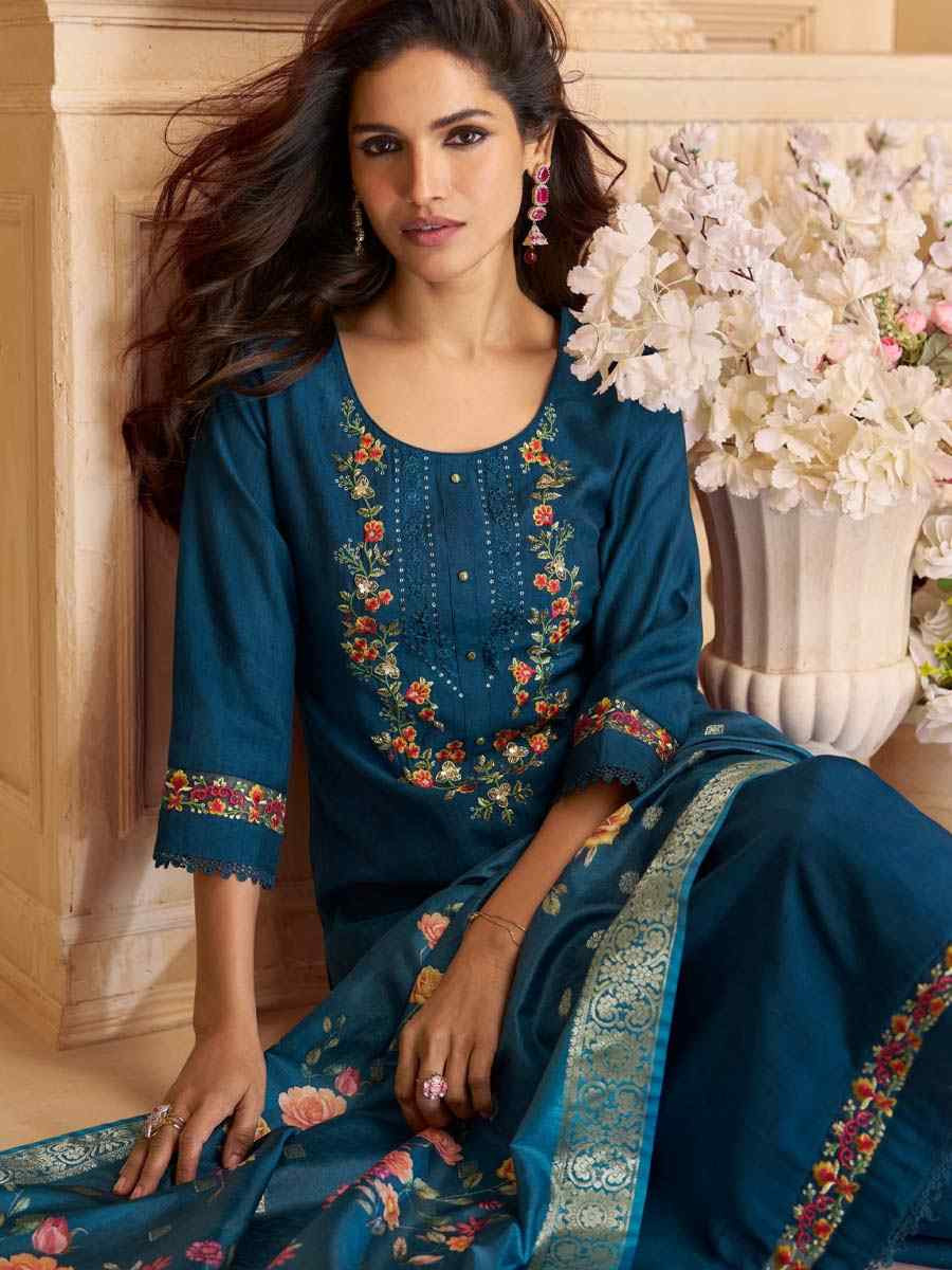 Teal Viscose Embroidered Festival Mehendi Ready Afghani Pant Salwar Kameez