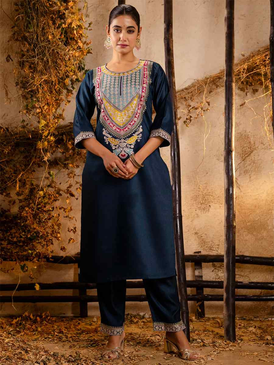 Teal Viscose Rayon Embroidered Festival Casual Ready Pant Salwar Kameez