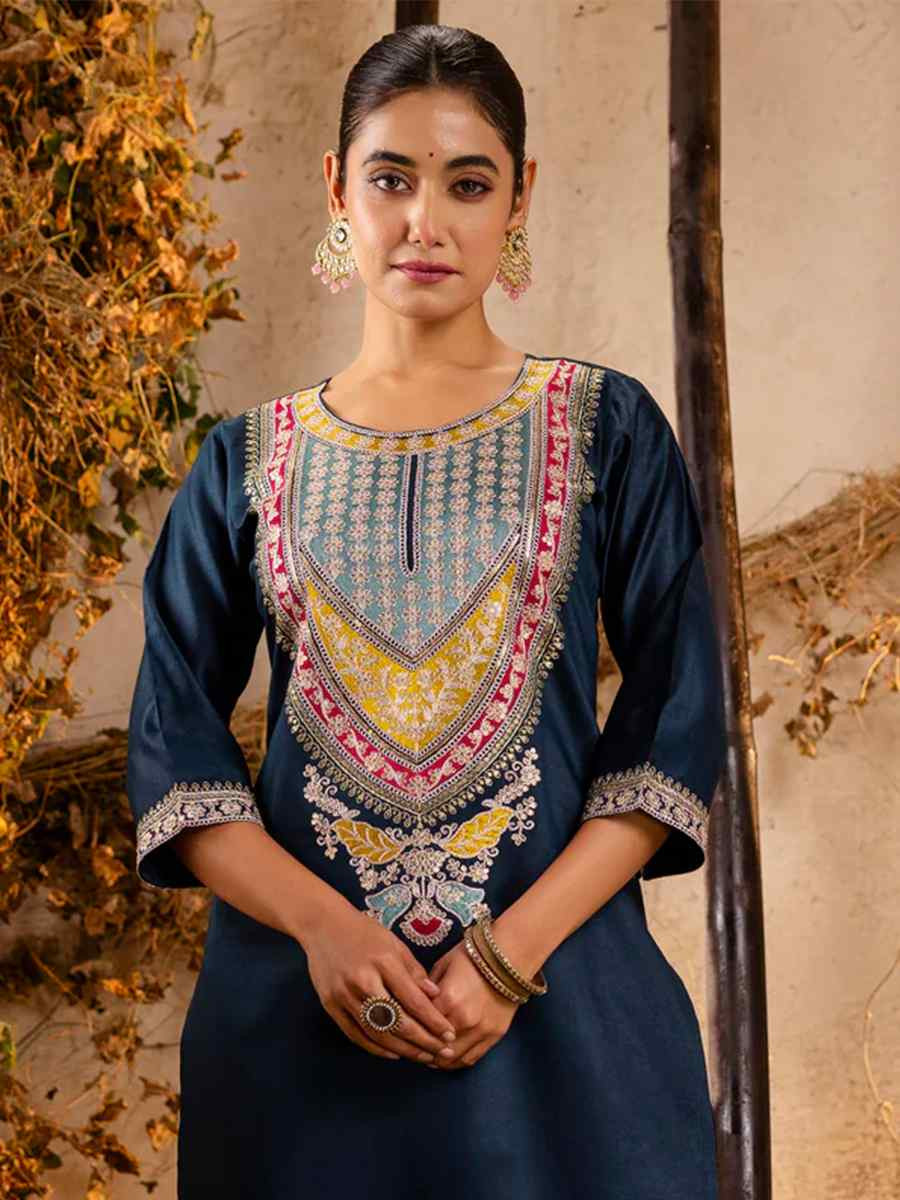 Teal Viscose Rayon Embroidered Festival Casual Ready Pant Salwar Kameez