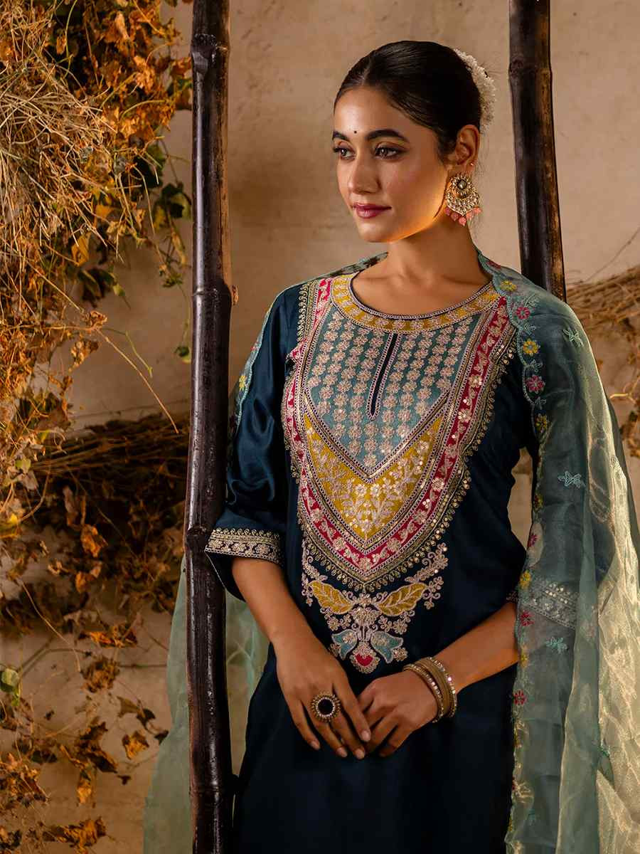 Teal Viscose Rayon Embroidered Festival Casual Ready Pant Salwar Kameez