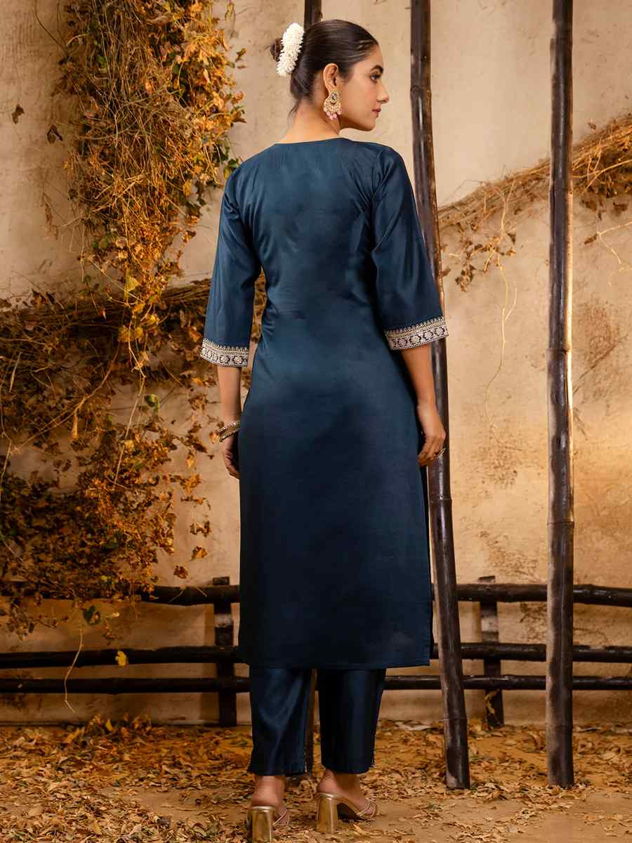 Teal Viscose Rayon Embroidered Festival Casual Ready Pant Salwar Kameez