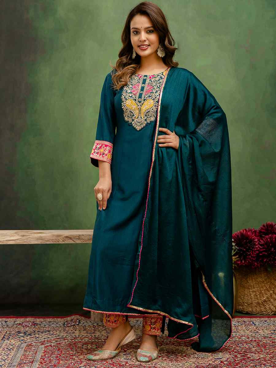 Teal Viscose Rayon Embroidery Party Wedding Festival Casual Ready Pant Salwar Kameez
