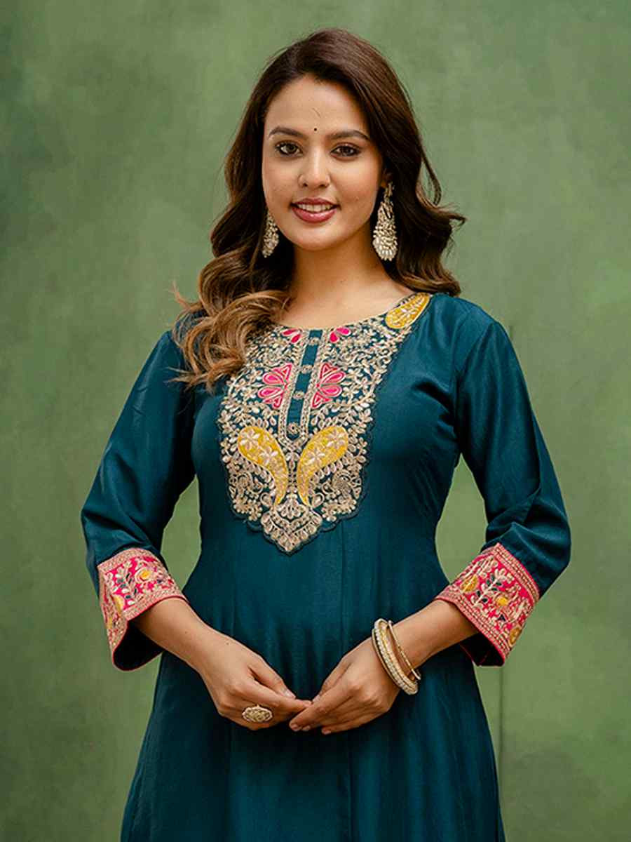 Teal Viscose Rayon Embroidery Party Wedding Festival Casual Ready Pant Salwar Kameez