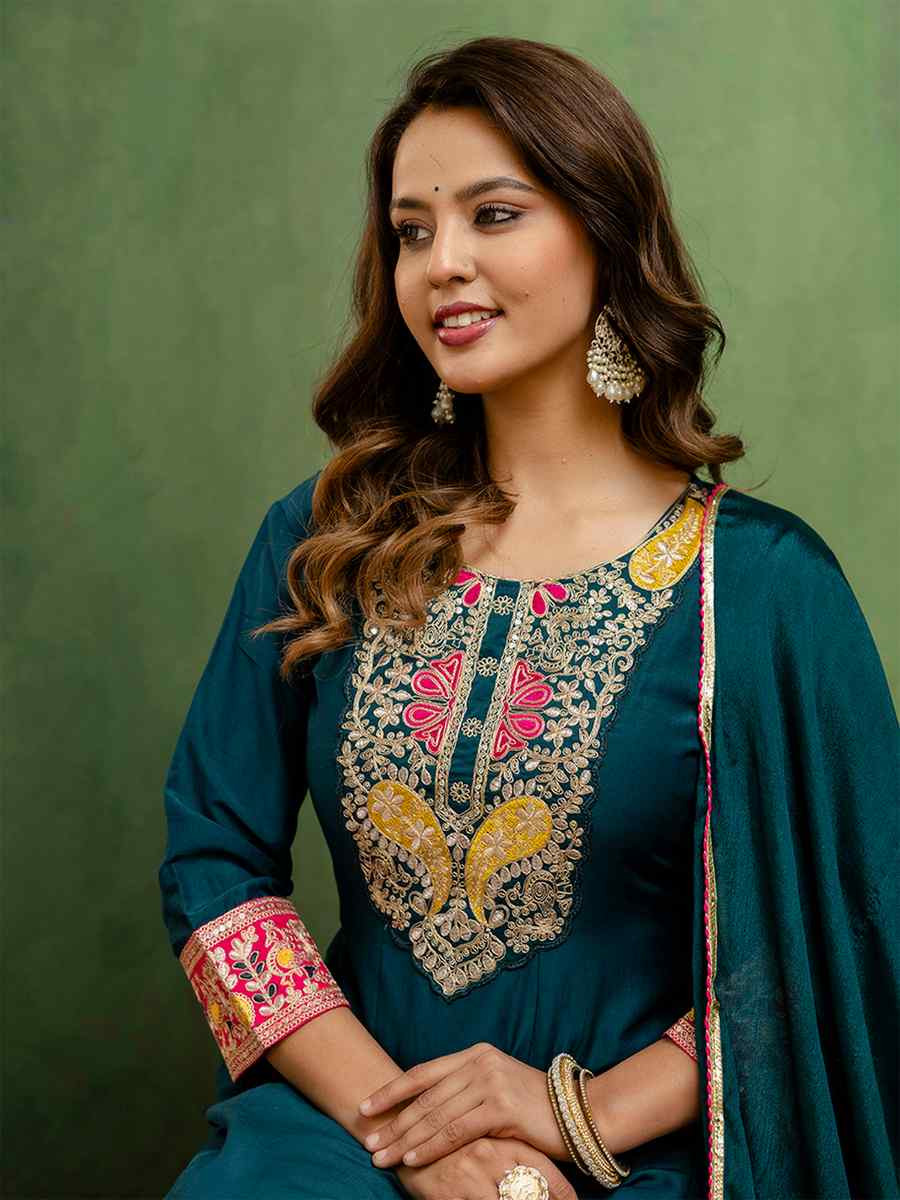 Teal Viscose Rayon Embroidery Party Wedding Festival Casual Ready Pant Salwar Kameez