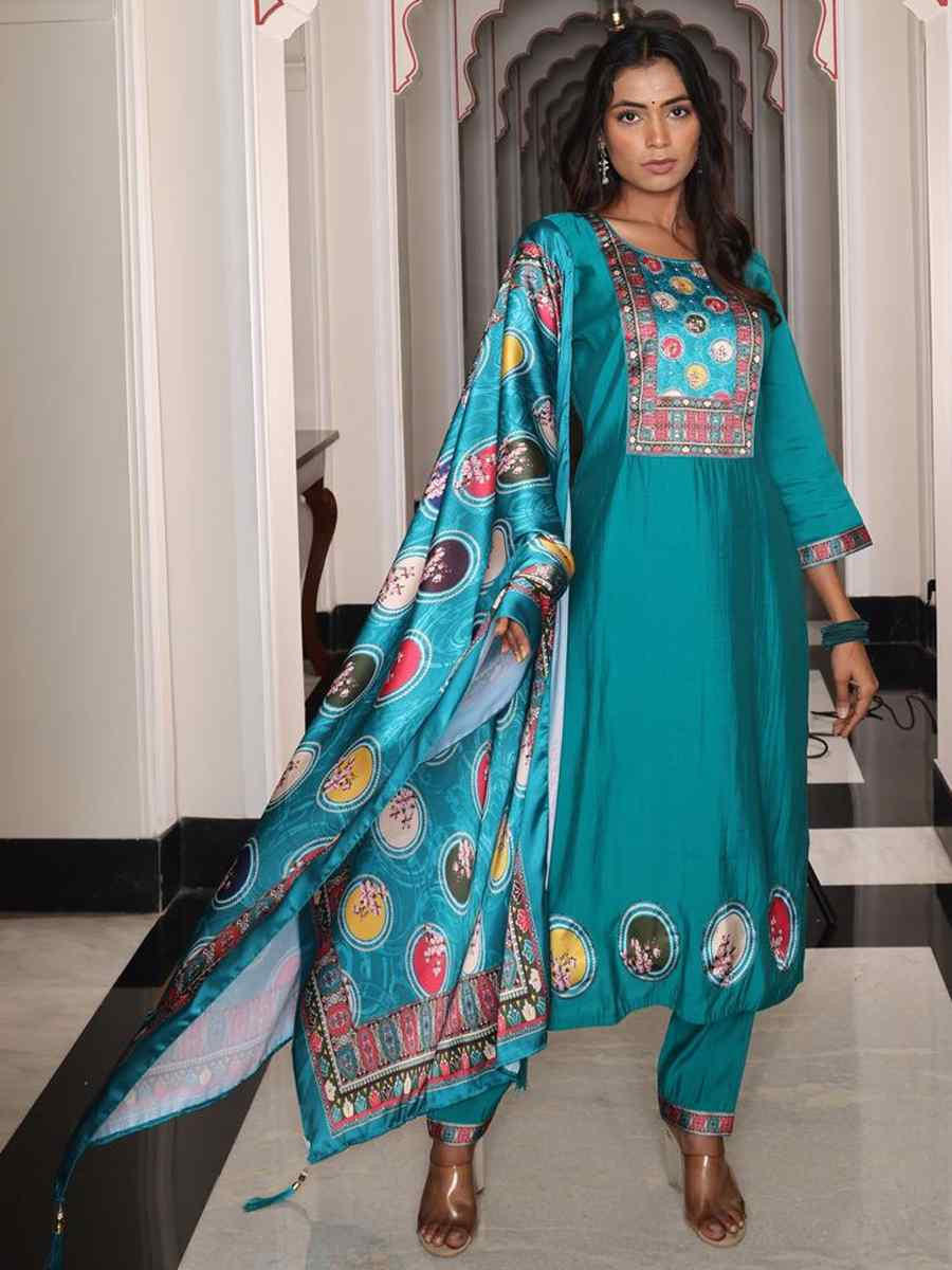 Teal Viscose Shimmer  Embroidered Casual Festival Pant Salwar Kameez
