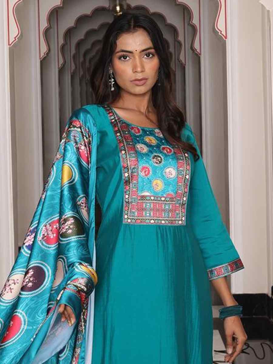 Teal Viscose Shimmer Embroidered Casual Festival Pant Salwar Kameez