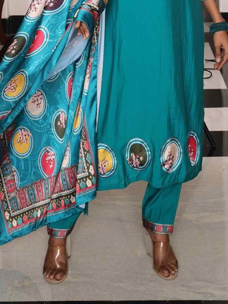 Teal Viscose Shimmer Embroidered Casual Festival Pant Salwar Kameez