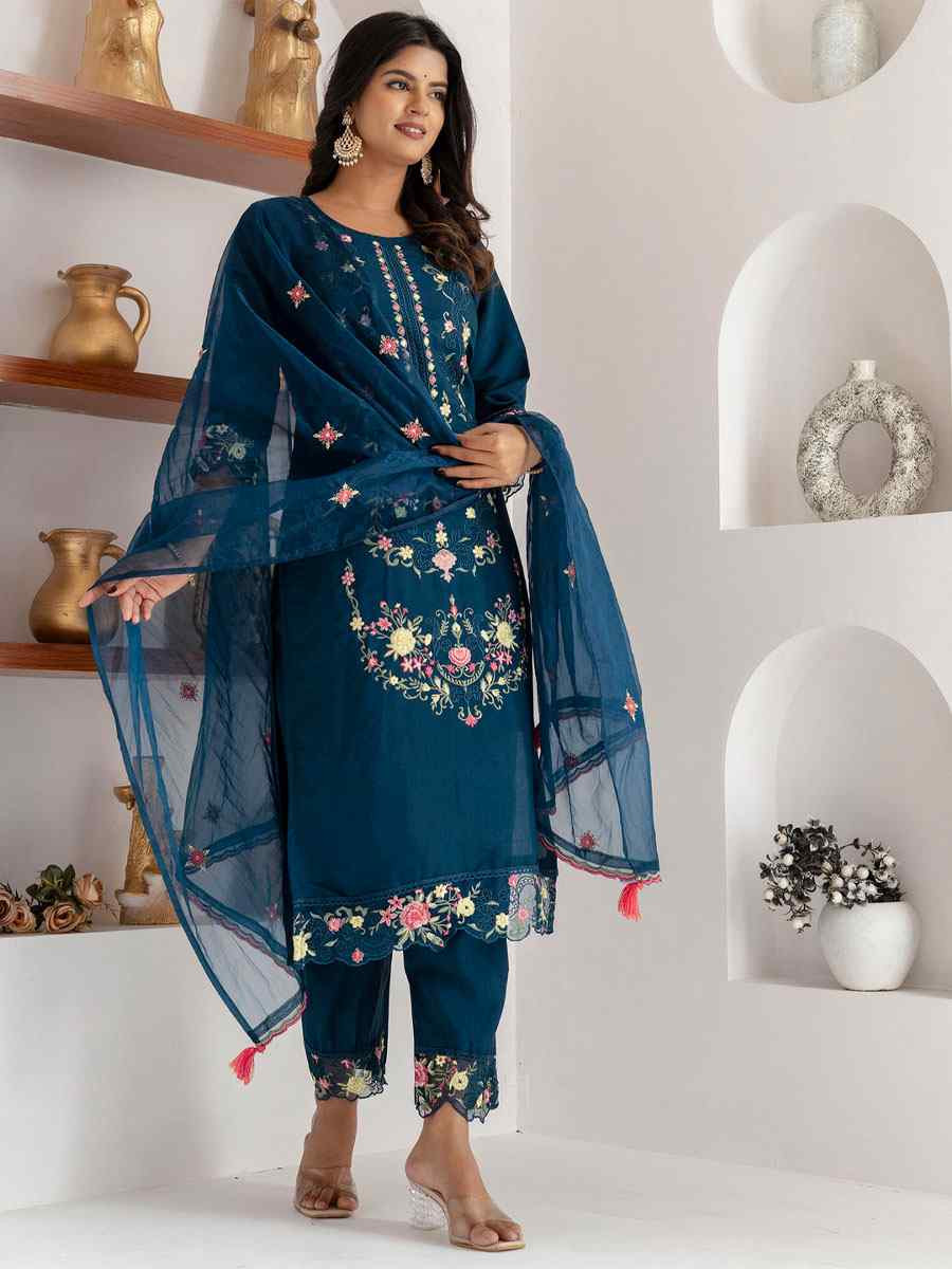 Teal Viscose Silk Embroidery Party Wedding Festival Casual Ready Pant Salwar Kameez