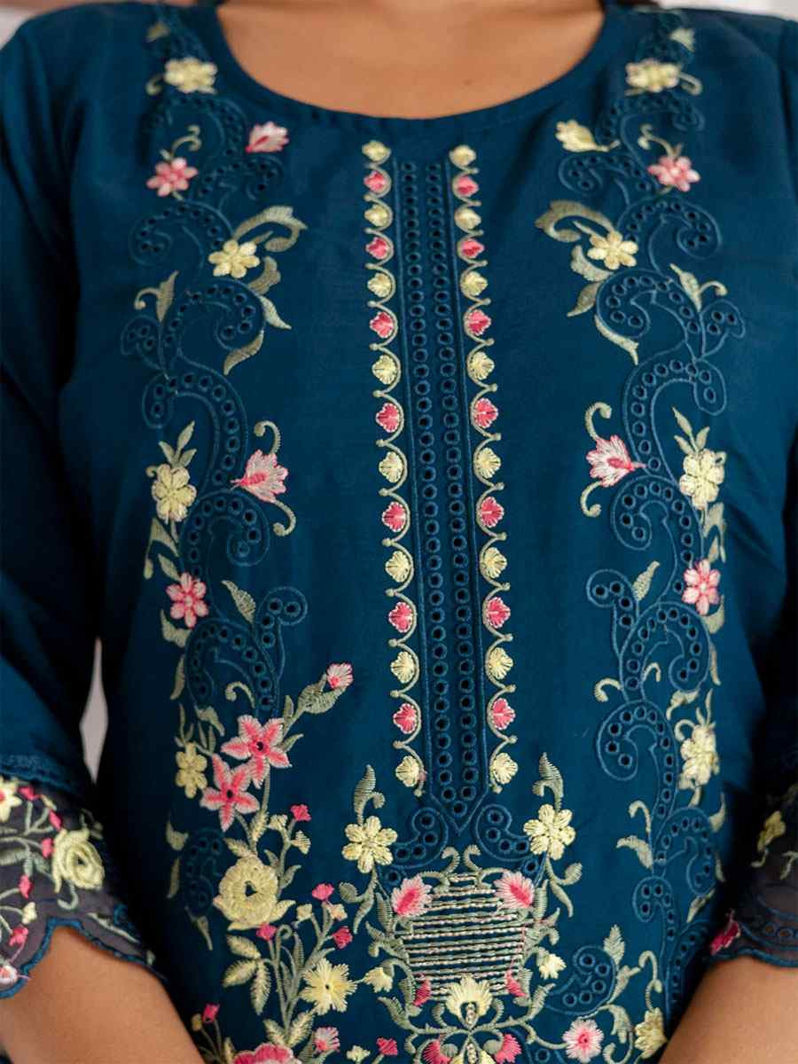 Teal Viscose Silk Embroidery Party Wedding Festival Casual Ready Pant Salwar Kameez