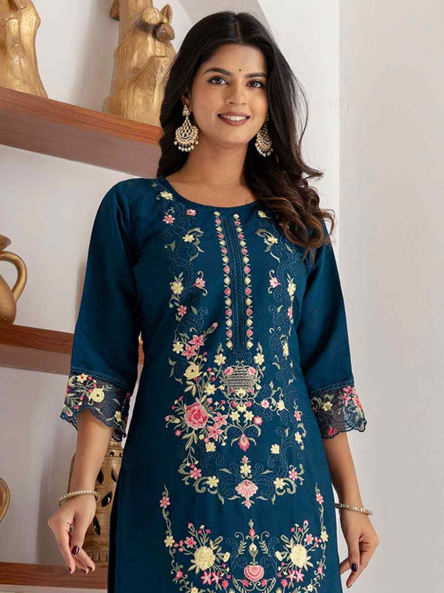 Teal Viscose Silk Embroidery Party Wedding Festival Casual Ready Pant Salwar Kameez